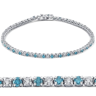 Bracelet Tennis en Diamants Véritables Bleus et Blancs 3 Ct TW en Or Blanc 14 K 7 Pouces