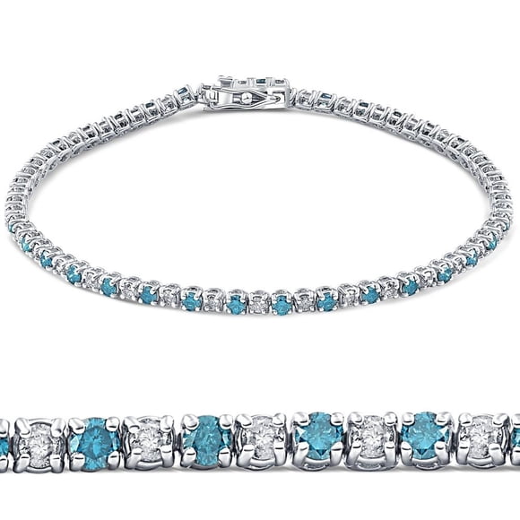 3ct TW Blue & White Real Diamond Tennis Bracelet 14K White Gold 7"