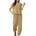 thumbnail image 1 of Penkiiy Ensemble 2 Pcs d'Été pour Femme en Coton et Lin, Col Ras du Cou, Manches Mi-Longues, Pantalon Long, Combinaison, Se TG Kaki, 1 of 6