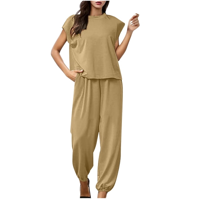 Penkiiy Ensemble 2 Pcs d'Été pour Femme en Coton et Lin, Col Ras du Cou, Manches Mi-Longues, Pantalon Long, Combinaison, Se TG Kaki