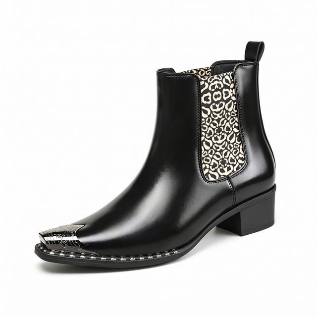 Men’s Leopard Print Chelsea Boots, Pointed Toe Metal Toe Cap Block Heel, Elastic Side Slip-On Fashion Boots Rivet Trim Square Toe Western Ankle Boots