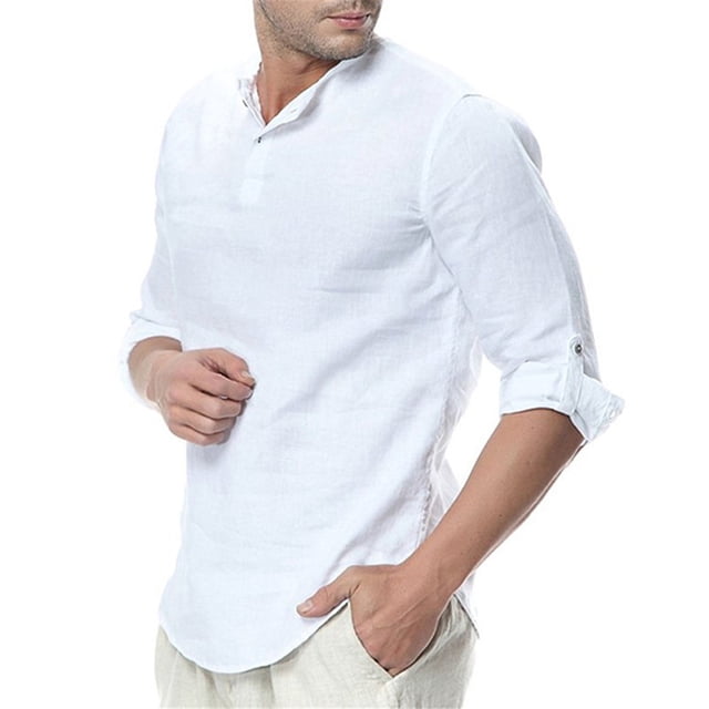 CEHVOM Men's Spring And Autumn Casual Solid Color Cotton And Linen Loose Coat Shirt