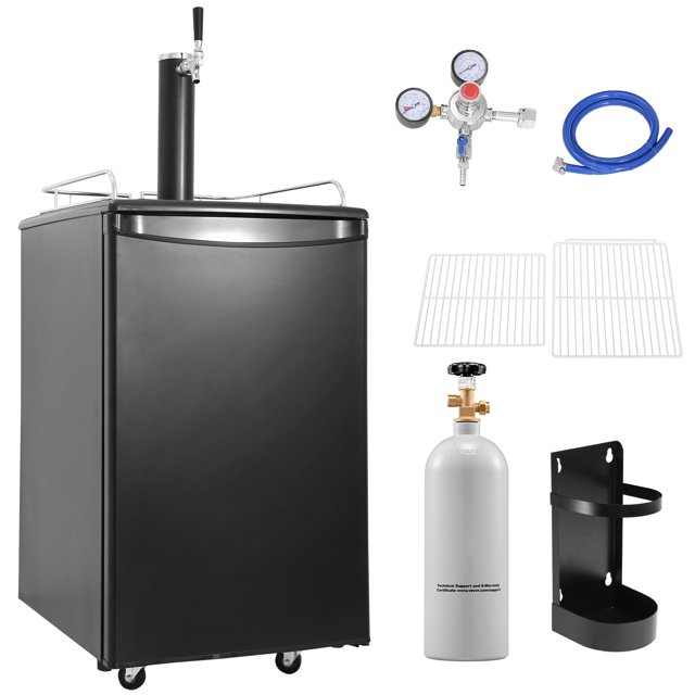 KFFKFF Kegerator à Bière, Système à Robinet Unique avec un Frigo à Baril Noir avec Tablettes Ajustables, Réservoir de CO2, Attrape-Goutte et Garde-Corps. Comprend une Tour à Bière à Robinet Simple, un Régulateur de CO2, Deux Tablettes en Fil, un Boyau Bleu et un Support de Réservoir de CO2. Compatible avec des Barils de 1/6, 1/4 et 1/2, Idéal pour la Distribution de Bière et la Réfrigération. Plage de Température Réglable de 32 °F à 50 °F.