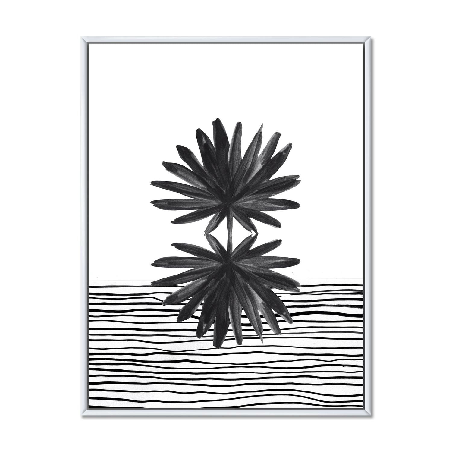 Designart Feuille tropicale noire et blanche sur rayures II ART MURAL À CADRE FLOTTÉ