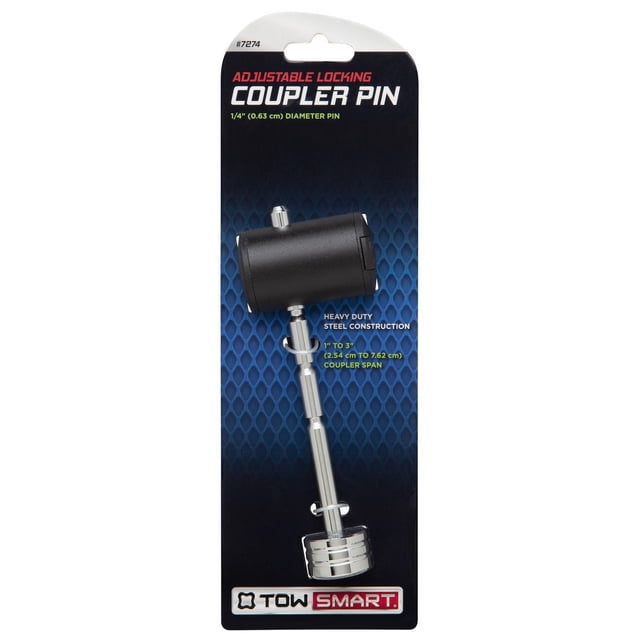 Adjustable locking coupler pin with 1/4 inch diameter pin and heavy-duty steel construction, designed for 1 to 3 inch coupler span, ideal towing accessory for trailer security, shown on blue textured packaging with TowSmart logo.