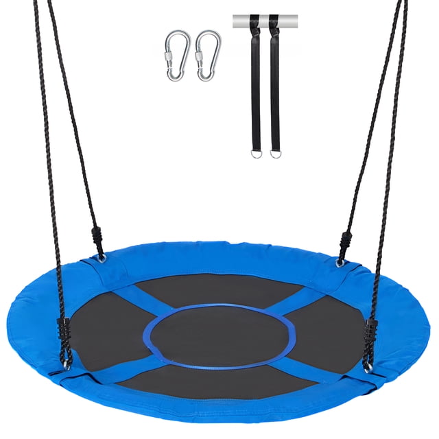 KFFKFF Tree Swing 40 In Saucer Swing with 750lbs weight capacity, crafted from durable 900D blue Oxford fabric and black PE ropes. Includes galvanized steel pipes, carabiners, and tree straps for secure installation. Ideal for outdoor play, swing set accessories, and multi-person use.