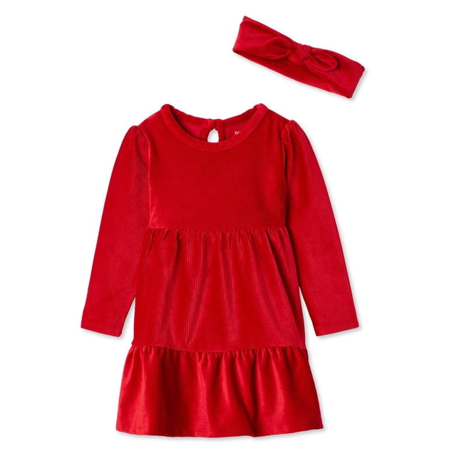 Red velour toddler girls' dress with long sleeves and gathered skirt, paired with a matching red headband