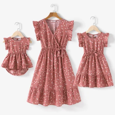 PatPat Mommy and Me Dresses Family Matching Outfits All Over Dots Pink Cross Wrap V Neck Ruffle Flutter-sleeve Dress for Mom and Me Clothes for Women and Girl Dress