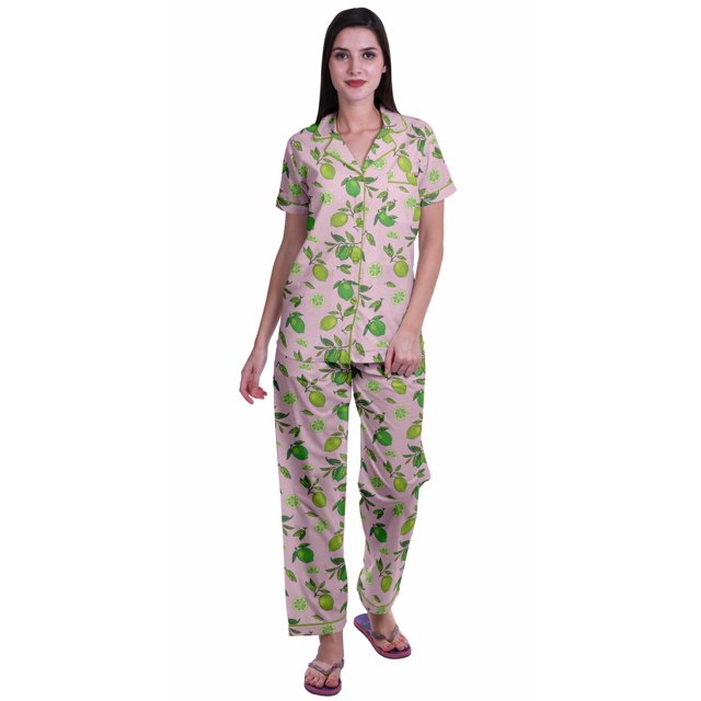 Moomaya Printed Short Sleeve Pajama Set For Women Printed Button Up Sleep Shirt