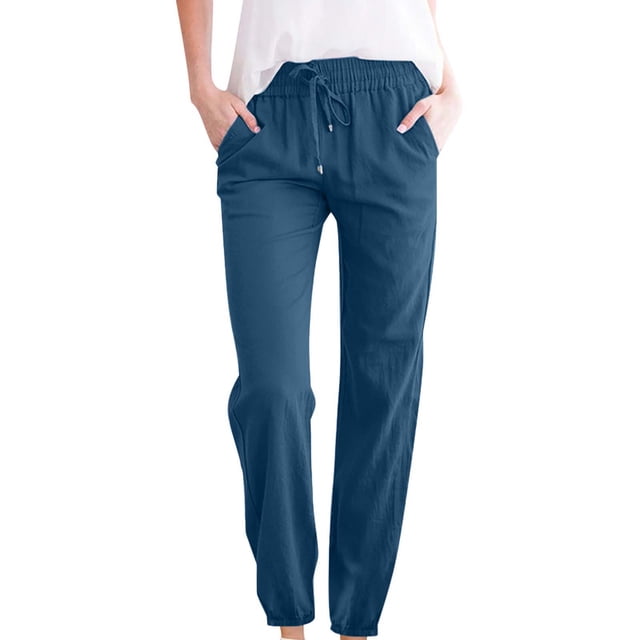 FNFYFH Clearance Cotton Linen Pants for Women Drawstring Elastic Pant with Pockets Solid Trousers,Gray