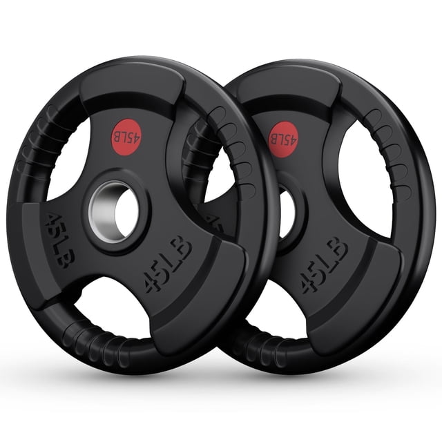 GIKPAL 90lbs bumper plates with 2-inch rubber coating, ideal for Olympic barbells and strength training. The image displays two 45lb solid cast iron plates with eco-friendly rubber coating, featuring three ergonomic grip openings and clear weight markings in pounds. Durable and versatile for home gym use, these weight plates minimize noise and protect floors during workouts.