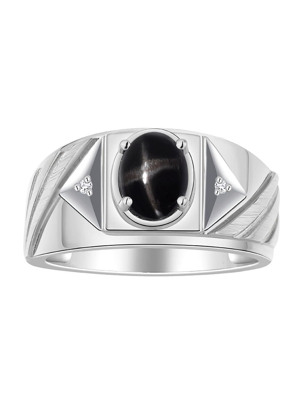 RYLOS Men's Rings 14K White Gold Ring Classic Designer Style 8X6MM Oval Gemstone & Diamond Ring Black Star Sapphire Birthstone Rings For Men Size 10
