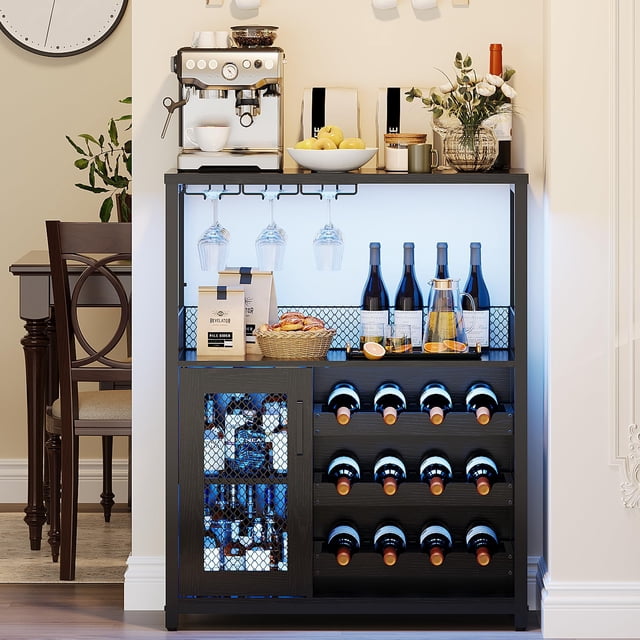 Wine Bar Rack Cabinet with Detachable Wine Rack and Storage, Coffee Bar with Glass Holder, Small Sideboard and Buffet Cabinet with Door, for Kitchen, Living Room