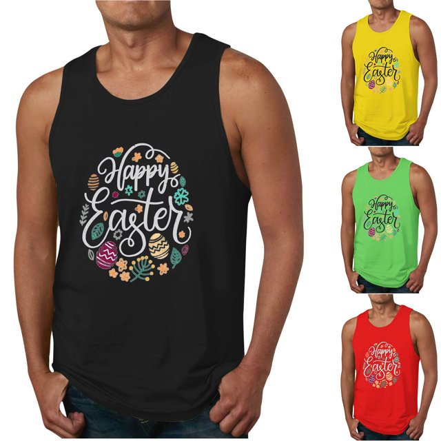 Qertyioot Nouvelle Mode Imprimé de Pâques Décontracté Gilet d'Été Ample pour Homme Imprimé Sport à Col Rond Caractéristiques