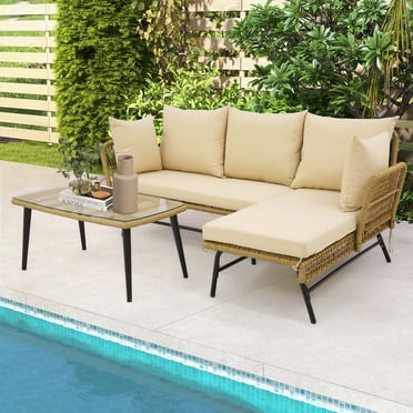 Costway Ensemble de Canapé de Patio en L 3 Pcs Mobilier de Conversation avec Coussins Terrasse Jardin Beige