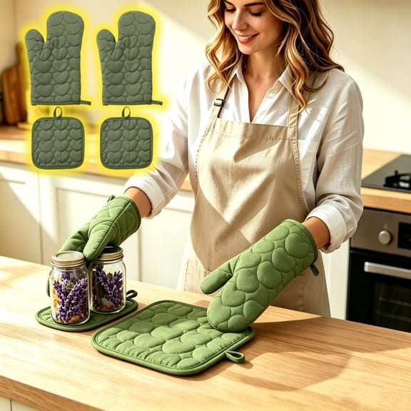 Ensemble de Mitaines de Four en Coton et de Supports pour Casseroles avec Motifs de Cœurs Gants de Cuisine Résistants à la Chaleur