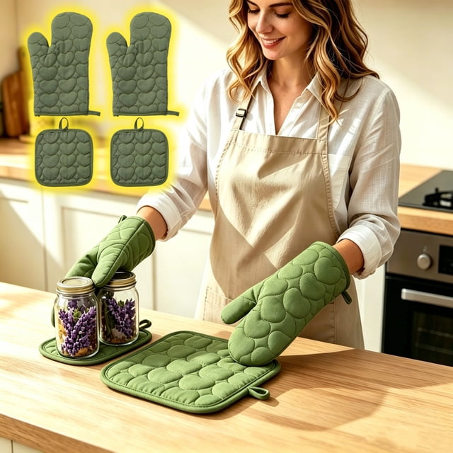Oven Mitts and Pot Holders Set with Heart Pattern, Cotton Heat Resistant Kitchen Gloves for Baking, Cooking and Grilling