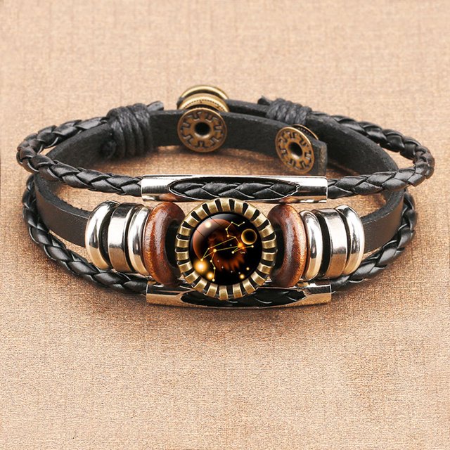 TopLLC Bracelets 12 Constellation Bracelet Leather Rope Bracelet Ladies Men Hand Woven Rope Bracelet Punk Chain Cuffs a Bracelet