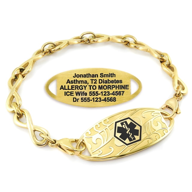 MedicEngraved Yellow Gold Stainless Steel Custom Medical Alert Bracelet - 6mm Infinity Link