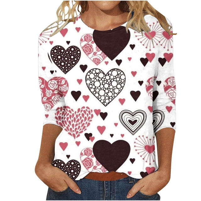Chandails de la Saint-Valentin pour Femmes, Coupe Ample, Imprimé de Cœur, Chandails à Col Rond, Décontracté Chic, Tunique à Manches 3/4, Haut Ample, T-Shirt Graphique, Chandails Imprimés de Cœur pour Femmes, Manches 3/4, Col Rond, T-Shirts Graphiques, Hauts de Fête