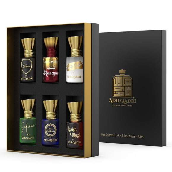 Adilqadri Assorted Luxury Attar Perfume Gift Set For Men & Women Pack Of 6 X 5.5ml - 0.18 Fl.oz. Each | Leader+ Shanaya+ White Oudh+ Safwan+ Oudh Al Hashmi+ Lavish Musk Attar - Perfect Gift Combo Set