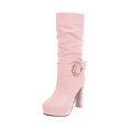 thumbnail image 2 of Qertyioot Talons Hauts pour Femmes, Chaussures Habillées pour Femmes Mode Couleur Unie Mi-Mollet Bout Rond à Enfiler Style Cavalier, 2 of 4