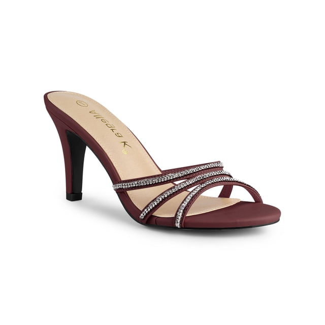 BLISSFUL STEP Women's Triple Strap Rhinestone Mules Open Toe Stiletto Heel Slide Sandals Burgundy 7