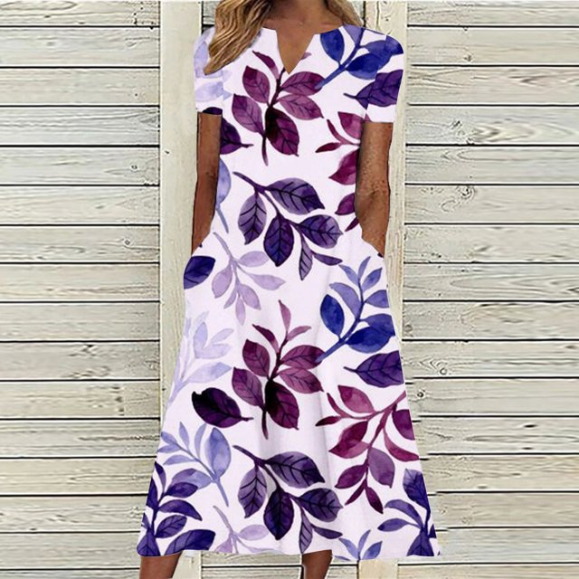 SMihono Robe d'Été Bohème pour Femmes Grande Taille Mode Décontractée d'Été avec Poches Manches Courtes Imprimée Col en V