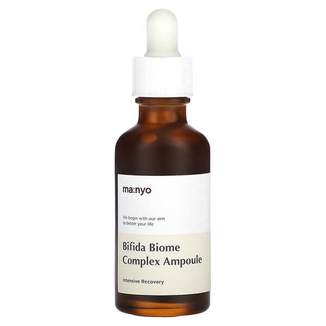 ma:nyo Bifida Biome Complex Ampoule, 1.6 fl oz (50 ml), displayed in a brown glass bottle with a white dropper cap. The label highlights its intensive recovery formula with over 90% bifida biome and 5 types of probiotics. Ideal for hydrating, brightening, and strengthening skin.