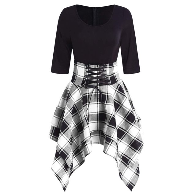 Kcodviy Robe Asymétrique à Lacets à Boutons devant Robe Imprimée Femme Décontractée Mini Robe d'Été Décontractée Femme Tartan Col Rond à Carreaux Robe Décontractée Robe pour Femme