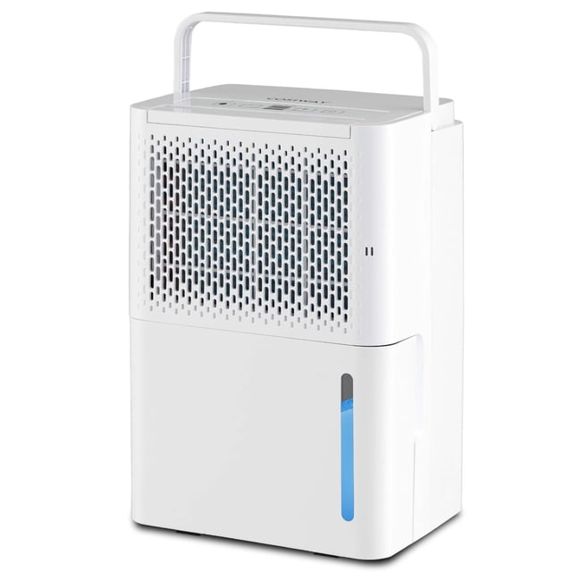 Costway 32 Pint Dehumidifier for spaces up to 2000 sq. ft., featuring a white ABS body with a visible water level indicator, top lifting handle, and touch control panel. Offers adjustable humidity settings, 3 modes, 24-hour timer, quiet operation, and energy-saving functionality. Supports manual and continuous drainage with the included hose.
