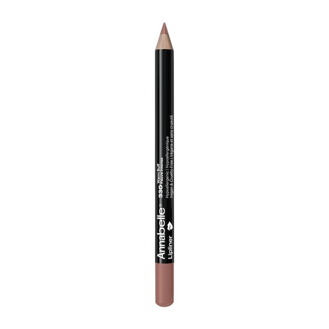 Annabelle Crayon Contour des Lèvres, 330 Warm Buff, Montré à la Verticale avec une Pointe Aiguisée et un Baril Noir avec Texte Blanc. la Couleur Warm Buff Procure une Définition Précise des Lèvres et une Finition Naturelle. Hypoallergénique et Végane, Convient aux Peaux Sensibles et à un Maquillage des Lèvres Longue Tenue. Souvent Utilisé pour Rehausser la Forme des Lèvres et Prévenir l'Embellissement du Rouge à Lèvres.