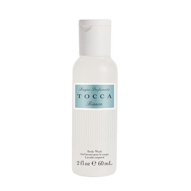 Tocca Bianca Gel Douche pour Femmes, Bouteille Format Voyage 2.0 oz (60 ml). une Formule de Nettoyage Douce Enrichie d'Extraits d'Huile d'Olive, de Miel et de calendula. la Bouteille Blanche Présente une texture Côtelée et une Étiquette Bleu Pâle avec une Marque Élégante. Idéale pour les Soins du Corps Format Voyage, Convient aux Peaux Sensibles, la Laissant Douce et Légèrement Parfumée avec du Thé Vert et du Citron.
