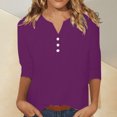 thumbnail image 1 of Babysbule Manches 3/4 pour Haut d'Été pour Femmes Col Rond T-Shirt Ample Mode Tunique à Boutons 2025, 1 of 8