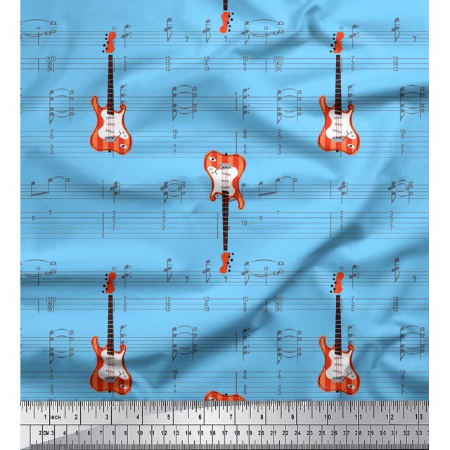 Soimoi Blue Cotton Cambric Fabric Notes & Guitar Musical Instrument Decor Fabric Printed Yard 56 Inch Wide