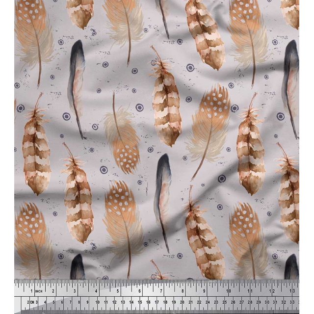 Soimoi Gray Poly Georgette Fabric Eagle Feather Decor Fabric Printed Yard 42 Inch Wide