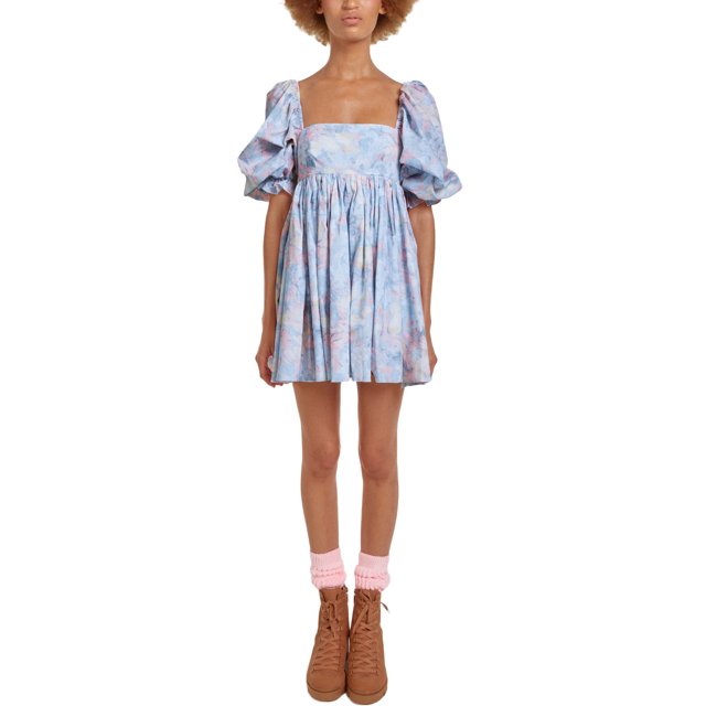 SAYOO Robe Femme Dos Nu Courte Princesse Robe à Bulles, Robe Mini à Manches Courtes Florale Robe Décontractée à Encolure Carrée Robe d'Été pour Femmes Robes Courtes de Rue pour Filles Robes de Plage Robes Courtes de Fée pour Adolescentes
