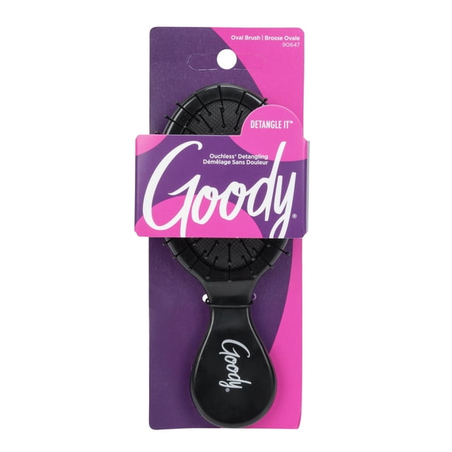 Goody Mini Brush - 1Ct, a black oval detangling hairbrush with flexible ball-tipped bristles and ergonomic handle, displayed in purple and pink packaging with Goody logo and 'Detangle It' slogan, designed for pain-free detangling on all hair types and often used for travel convenience.