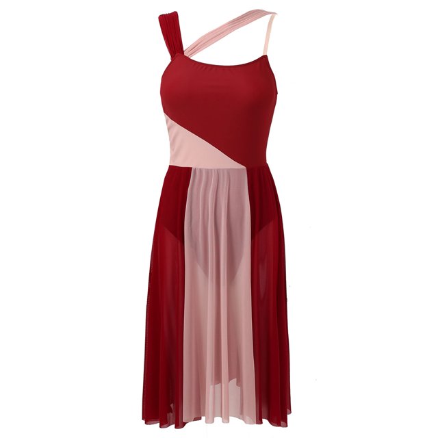 RUNQHUI Robe Justaucorps Sans Manches en Maille à Blocs de Couleur pour Danse Lyrique Contemporaine Moderne pour Femmes Bourgogne m