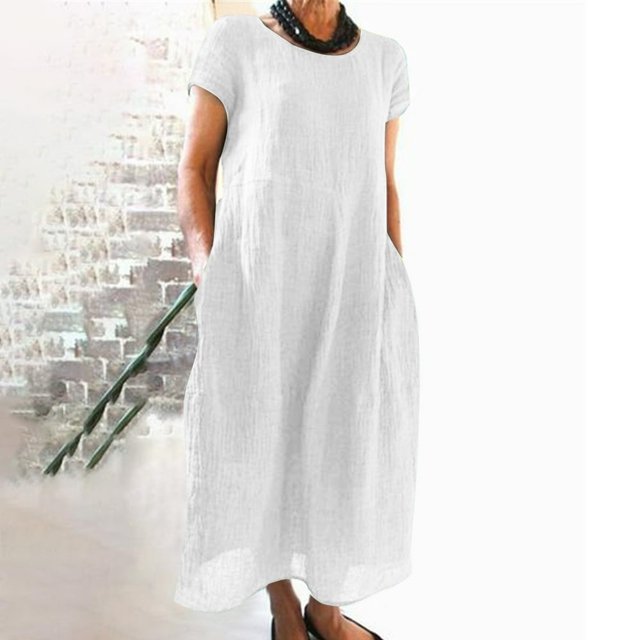 Robe Midi Décontractée à Manches Courtes et Manches Courtes pour Femme avec Poches