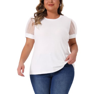 Agnes Orinda Women's Plus Size Top Mesh Short Sleeve Crew Neck T Shirt Solid Casual Blouse 2025 4X White