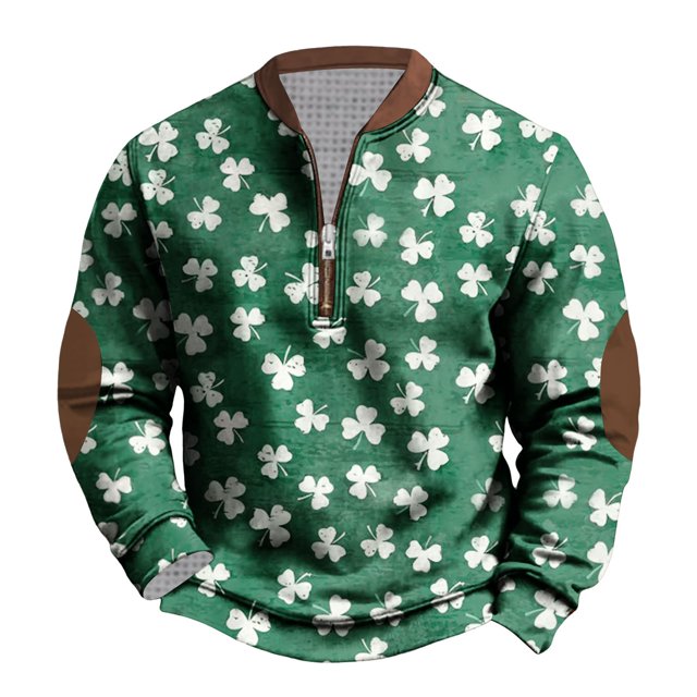 Penkiiy St Patricks Day Shamrock Patch Chest Print 1/4 Zip Sweatshirt XL Multicolor