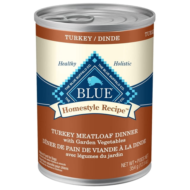 Blue Buffalo Recette Maison Nourriture Humide pour Chien Adulte, Souper Pain de Viande à la Dinde avec Légumes du Jardin, Boîte de 12,5 Oz avec Couvercle à Languette en Métal et Étiquette Bilingue Anglais-Français Mettant en Valeur les Ingrédients Naturels et les Vitamines et Minéraux Ajoutés pour Chiens Adultes.