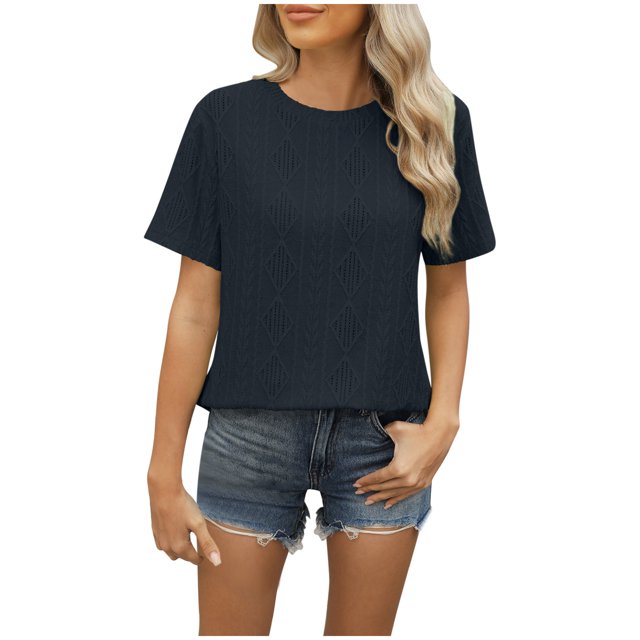 Besolor Hauts d'Été pour Femmes Décontractés Col Rond Manches Courtes Chemises Bouton Arrière Texture Crochet Tricot Blouses