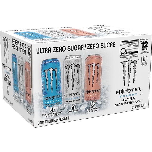 Monster Energy Ultra Variety Pack with 12 cans of zero sugar energy drinks in Ultra Blue Hawaiian (blue), Zero Ultra (white), and Ultra Peachy Keen (peach) flavors, each 473 ml, displayed on ice with visible branding and nutritional information, suitable for energy boost and hydration.