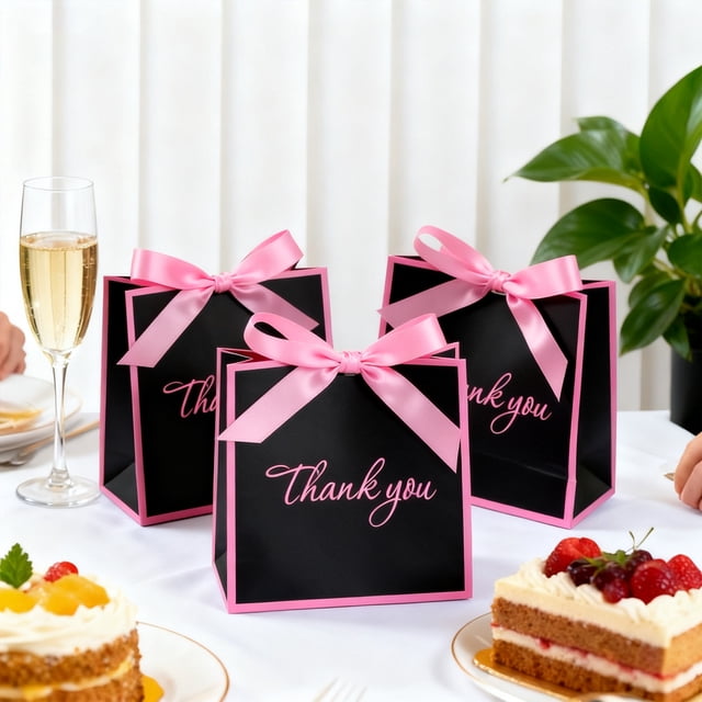 10 Sets Of Stamping Bow Hand Bags Neckties Mini Gift Bags, featuring black paper material with pink accents and 'Thank You' text. Each bag measures 14x14x6 cm (5.5x5.5x2.3 in) and includes a pink bow on top. Ideal for holding snacks, small gifts, or party favors, these sturdy bags are perfect for festive occasions or as decorative gift packaging. Displayed on a table with desserts and a champagne glass in the background.