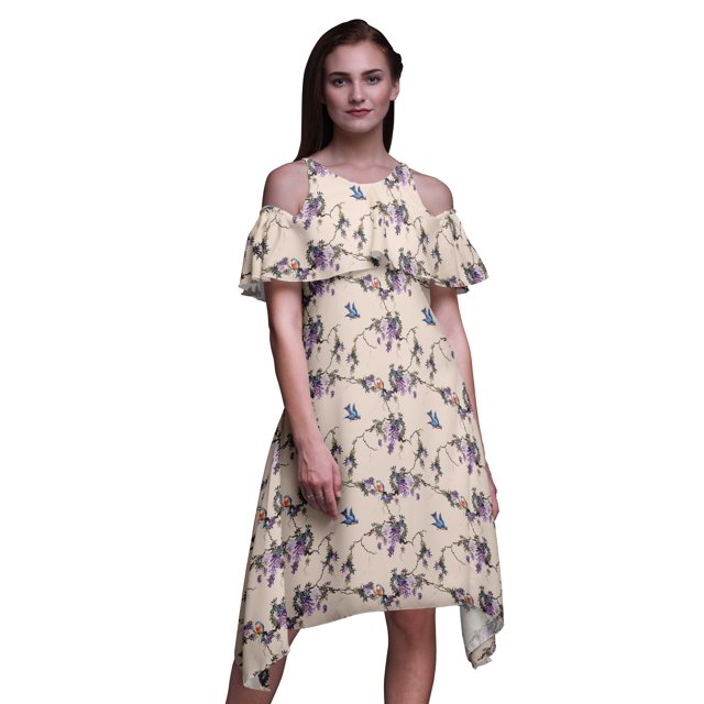 Bimba White Bird Print Womens Chic Style Cold Shoulder Shift Dress Summer Tunic - Small