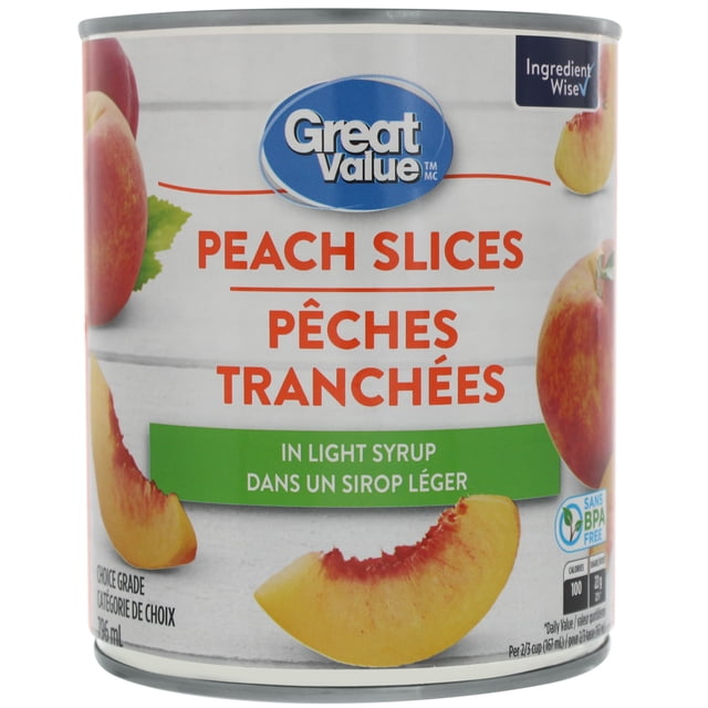 Great Value Peach Slices in Light Syrup can showing choice grade peach slices packed in light syrup with bilingual English and French text, recyclable BPA-free packaging, and Ingredient Wise label, suitable for pantry food and natural sweetener uses.