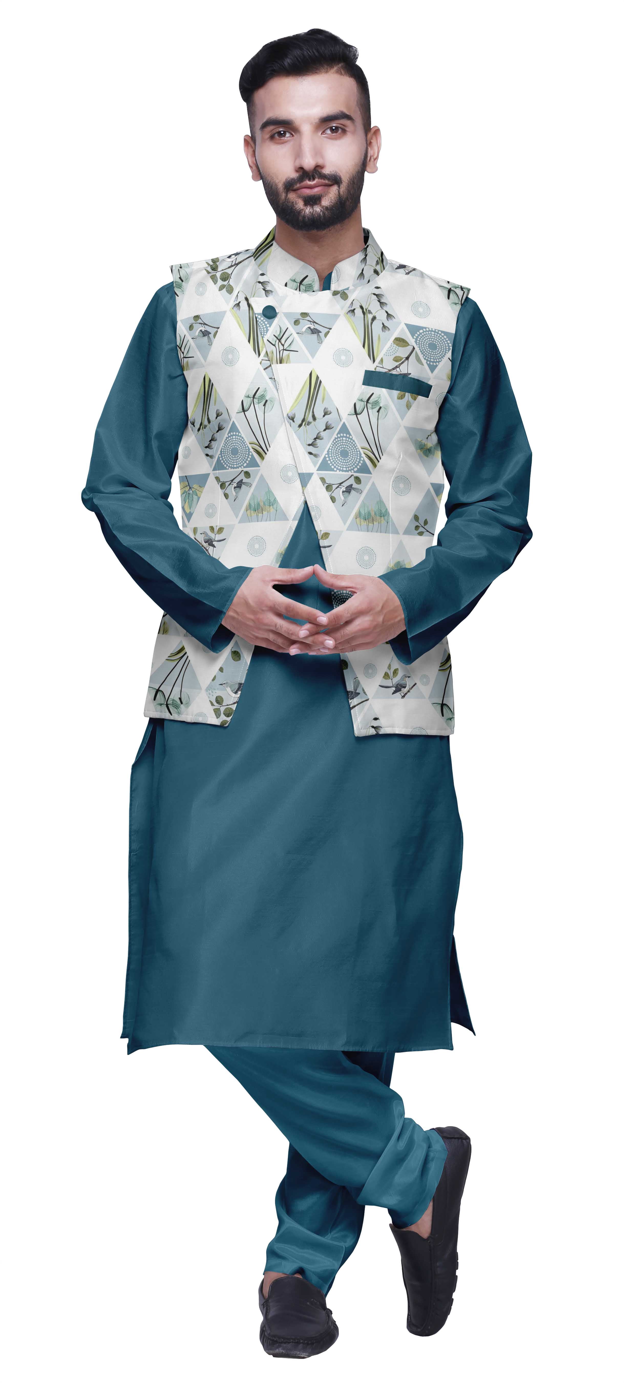 Atasi Kurta Long Indien pour Homme Kurta Pyjama Uni avec Ensemble de Veste Nehru Imprimée