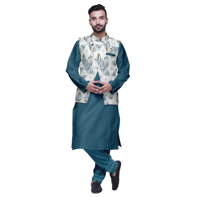 Atasi Indian Long Kurta Men Solid Kurta Pajama With Printed Nehru Jacket Set